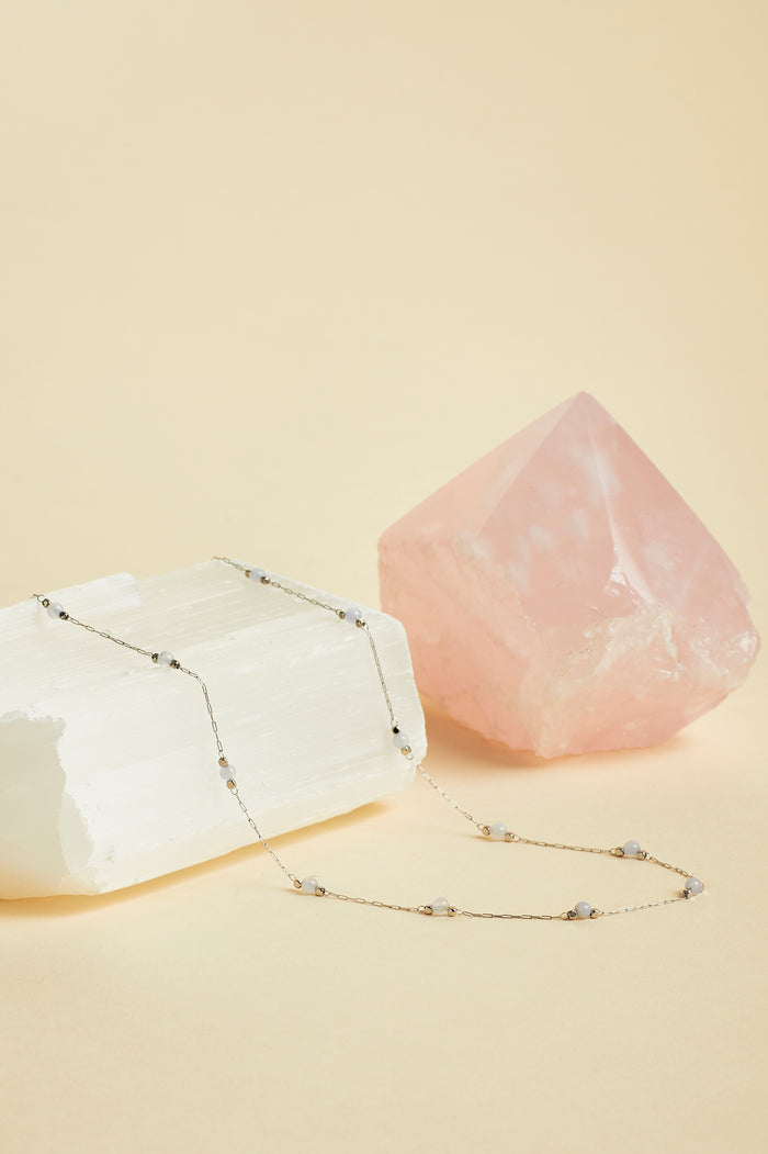 Estella Bartlett Wellness Blue Lace Agate Gemstone Bead Necklace Silver Plated | Calm Packaging Message: Calm