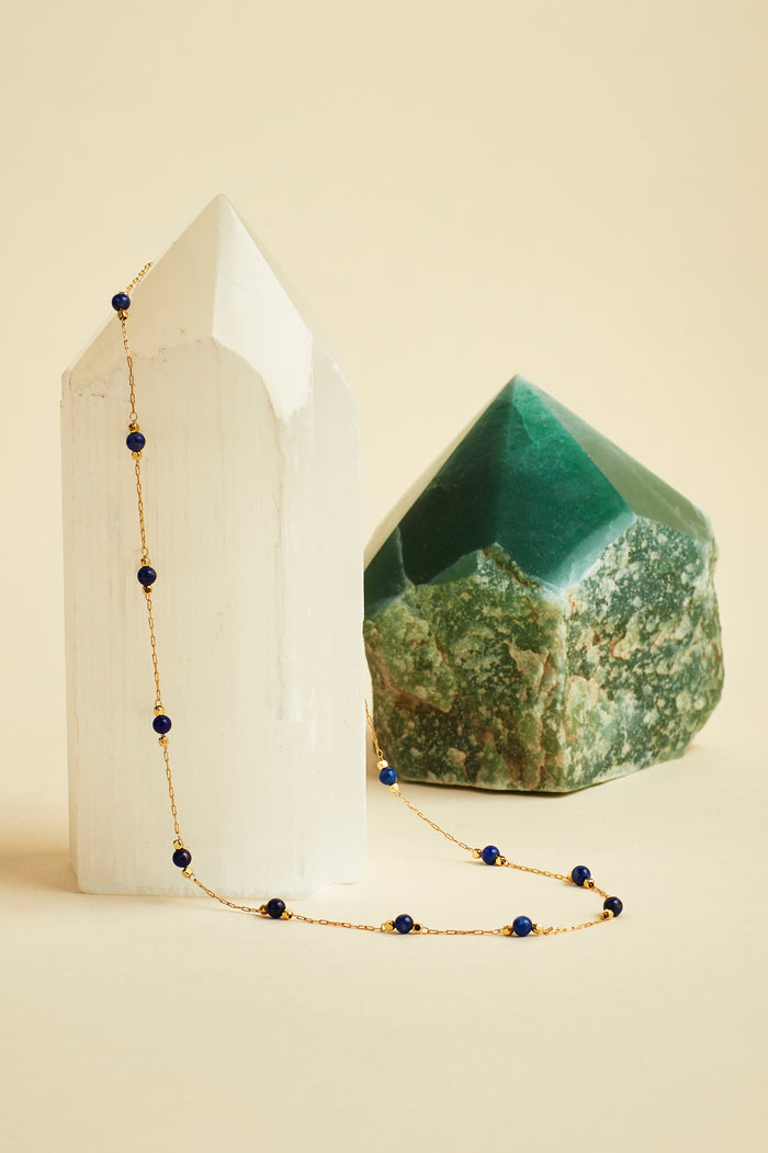 Estella Bartlett Wellness Lapis Lazuli Gemstone Bead Necklace Gold Plated | Wisdom Packaging Message: Wisdom