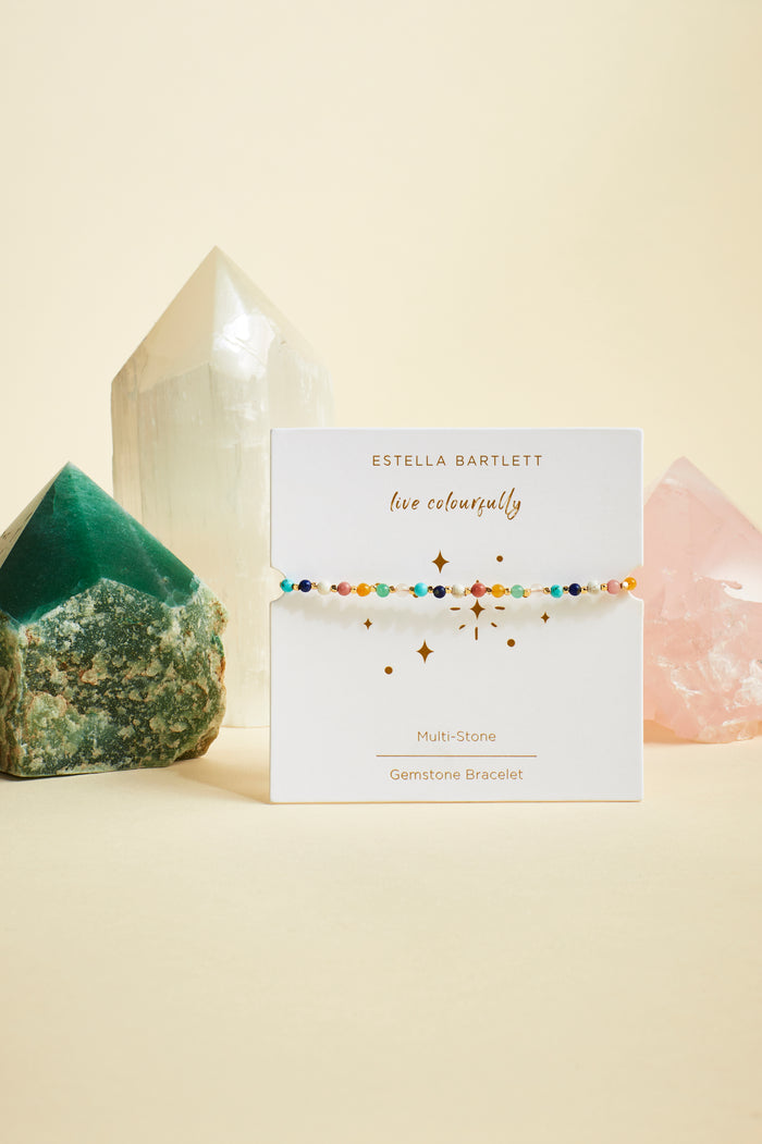 Estella Bartlett Wellness Mixed Gemstone Amelia Bracelet Gold Plated | Live Colourfully Packaging Message: Live Colourfully