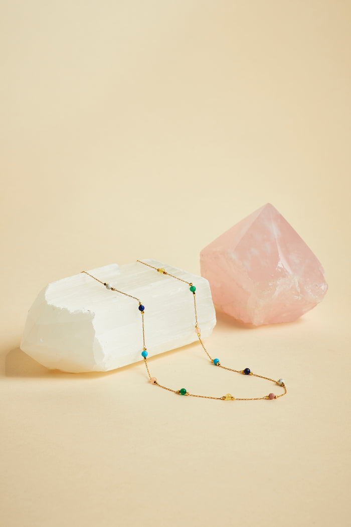 Estella Bartlett Wellness Mixed Gemstone Bead Necklace Gold Plated | Live Colourfully Packaging Message: Live Colourfully