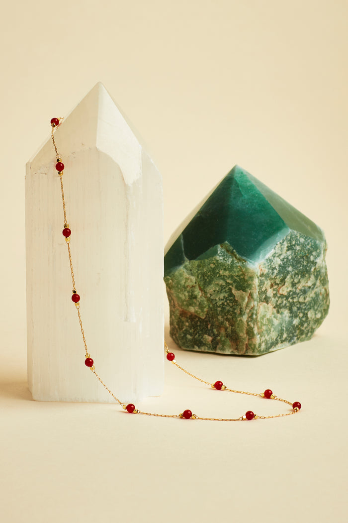 Estella Bartlett Wellness Red Agate Gemstone Bead Necklace Gold Plated | Power Packaging Message: Power