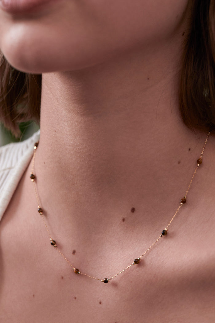 Estella Bartlett Wellness Tigers Eye Gemstone Bead Necklace Gold Plated | Focus Packaging Message: Focus