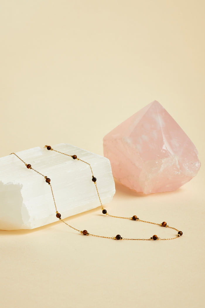 Estella Bartlett Wellness Tigers Eye Gemstone Bead Necklace Gold Plated | Focus Packaging Message: Focus