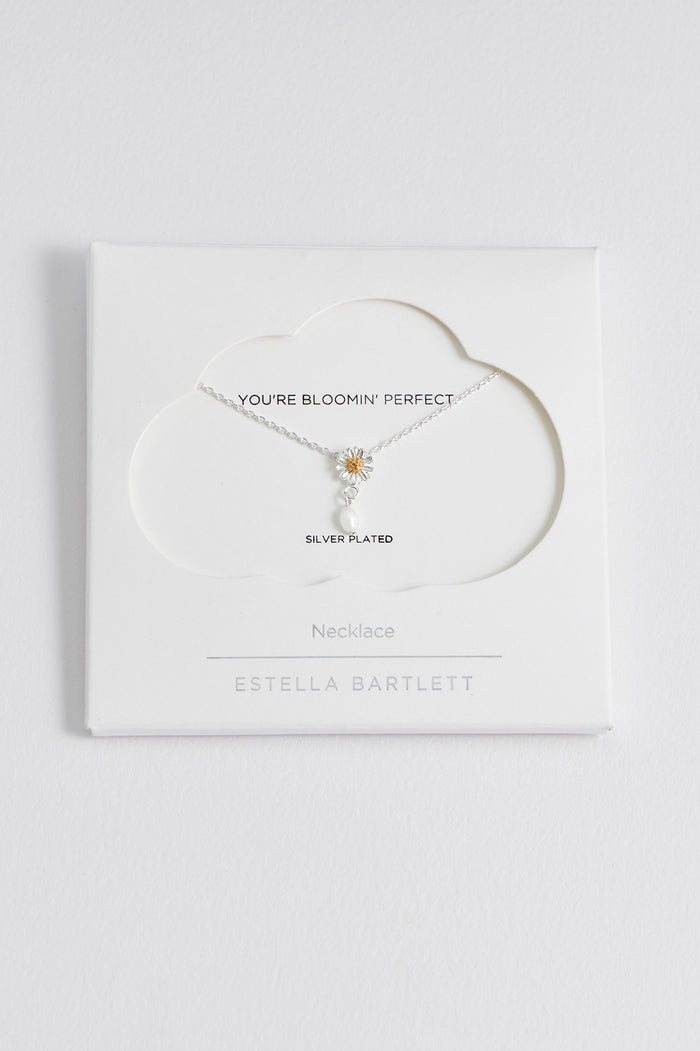 estella bartlett Wildflower Pearl Drop Necklace Silver plated Packaging Message: You're Bloomin' Perfect