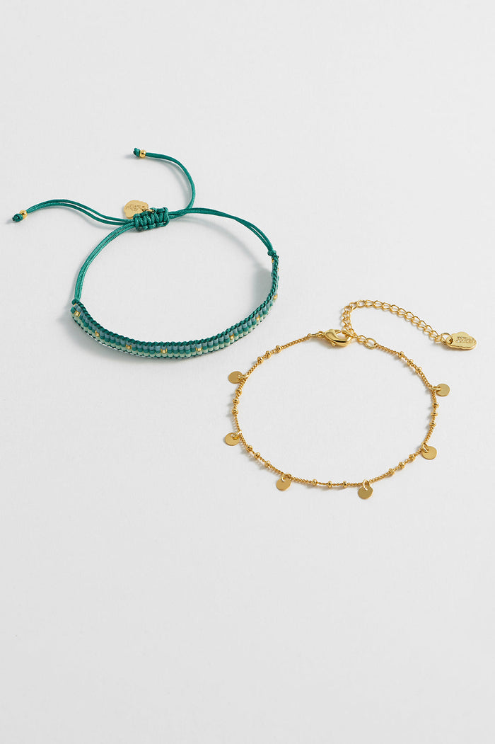 Estella Bartlett Woven Duo Beaded Charm Bracelets Gold Plated | Green Packaging Message: Follow The Fun