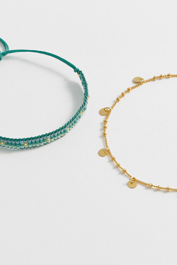 Estella Bartlett Woven Duo Beaded Charm Bracelets Gold Plated | Green Packaging Message: Follow The Fun