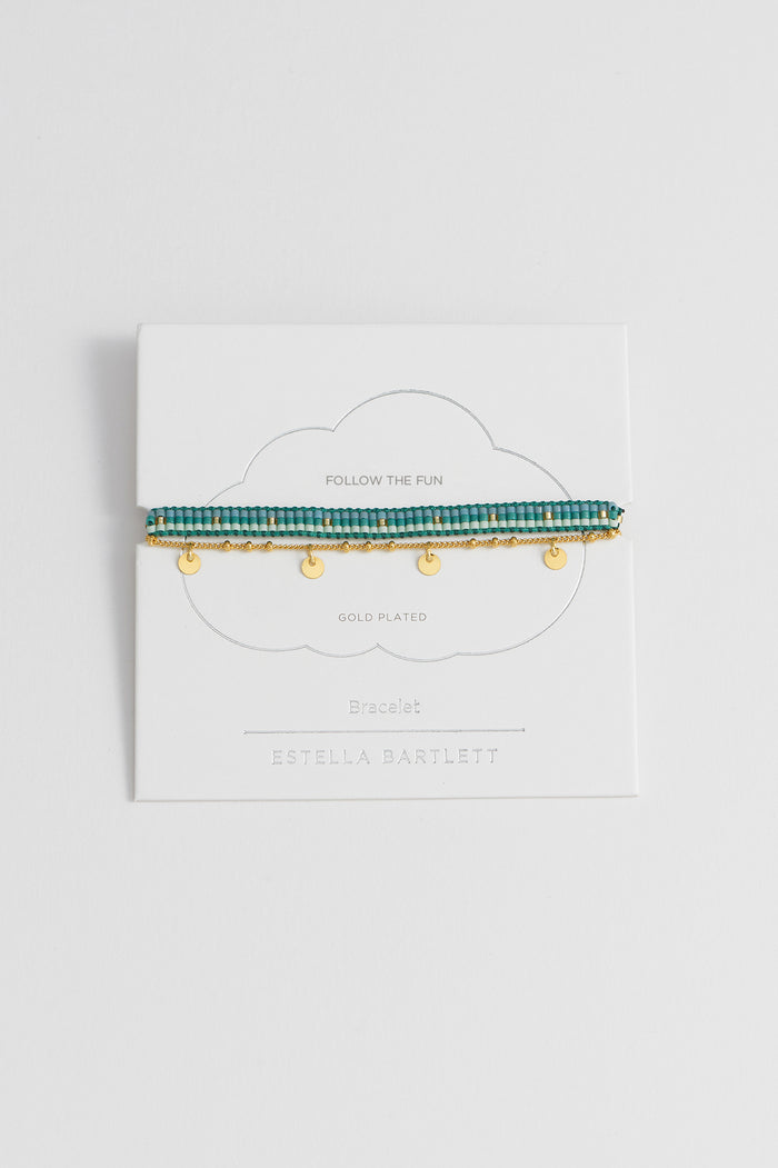 estella bartlett Woven Duo Beaded Charm Bracelets Gold Plated | Green Packaging Message: Follow the Fun