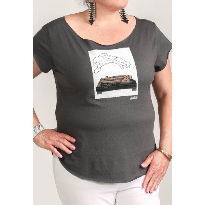 Estilo Estilo Clothing™ 12Down (SL-1200GLD) Turntable Cut Boat Neck T-shirt Heavy Metal Gray