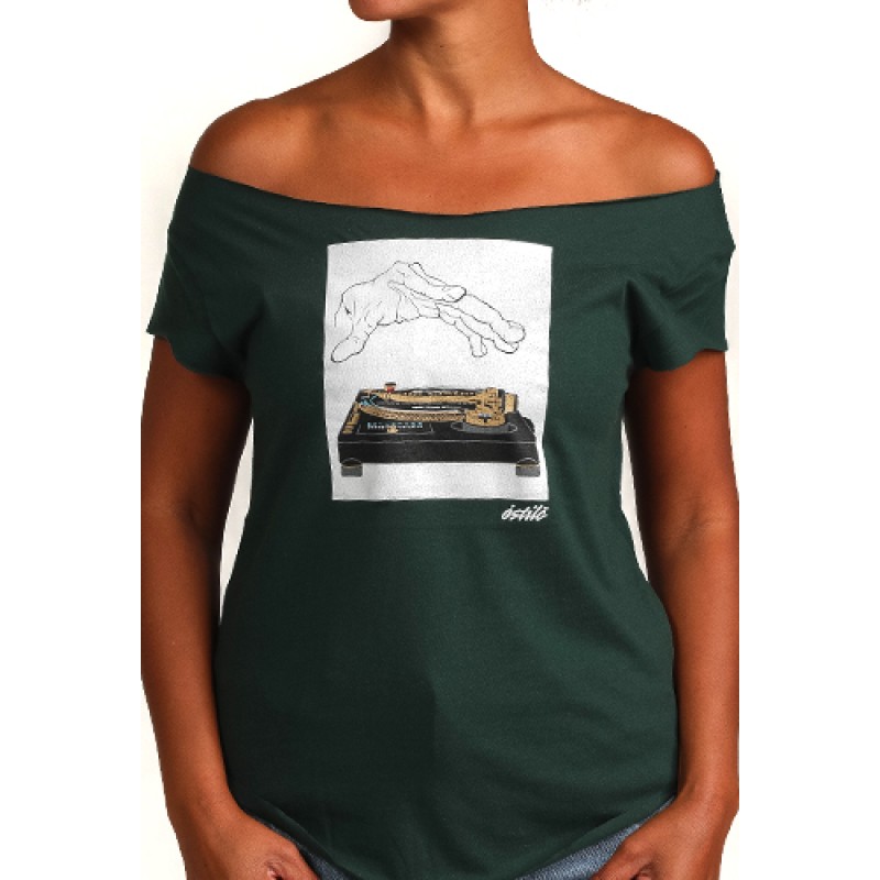 estilo Estilo Clothing™ 12Down (SL-1200GLD) Turntable Cut Boat Neck T-shirt Forest Green