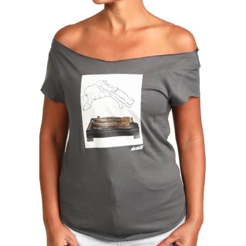 estilo Estilo Clothing™ 12Down (SL-1200GLD) Turntable Cut Boat Neck T-shirt Heavy Metal Gray