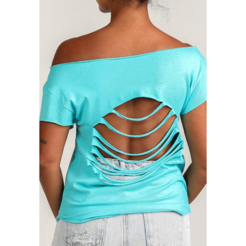 Estilo Estilo Clothing™ Afro Latino Cut Boat Neck T-shirt Tahiti Blue