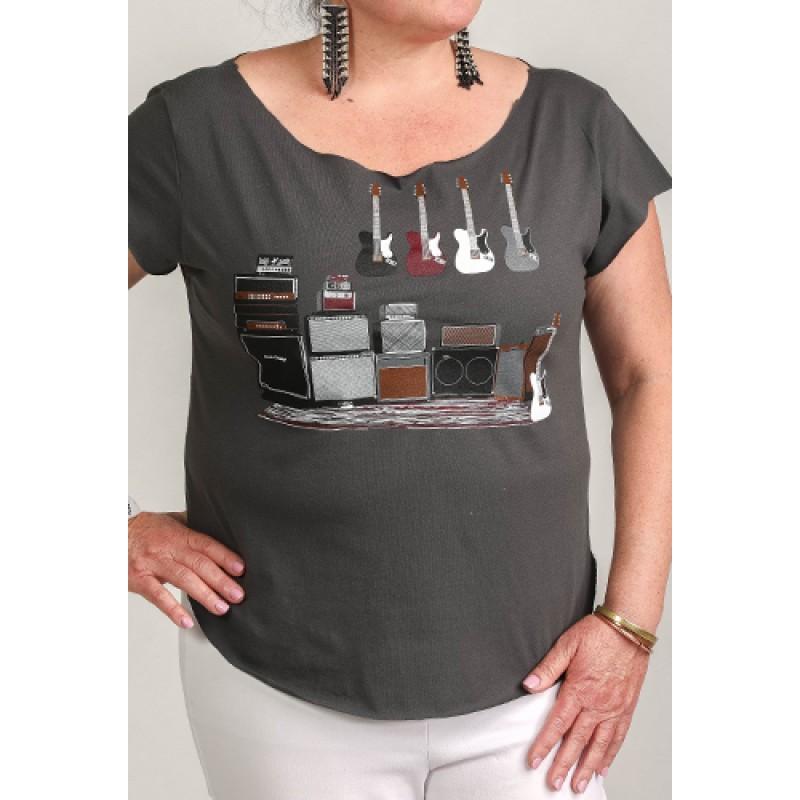 Estilo Estilo Clothing™ Amped Up Electric Bass Guitar & Amps Cut Boat Neck T-shirt Heavy Metal Gray