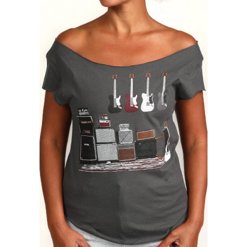 estilo Estilo Clothing™ Amped Up Electric Bass Guitar & Amps Cut Boat Neck T-shirt Heavy Metal Gray