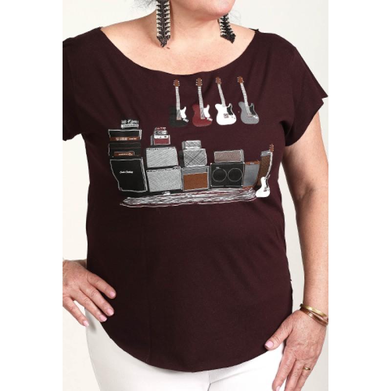 Estilo Estilo Clothing™ Amped Up Electric Bass Guitar & Amps Cut Boat Neck T-shirt Oxblood