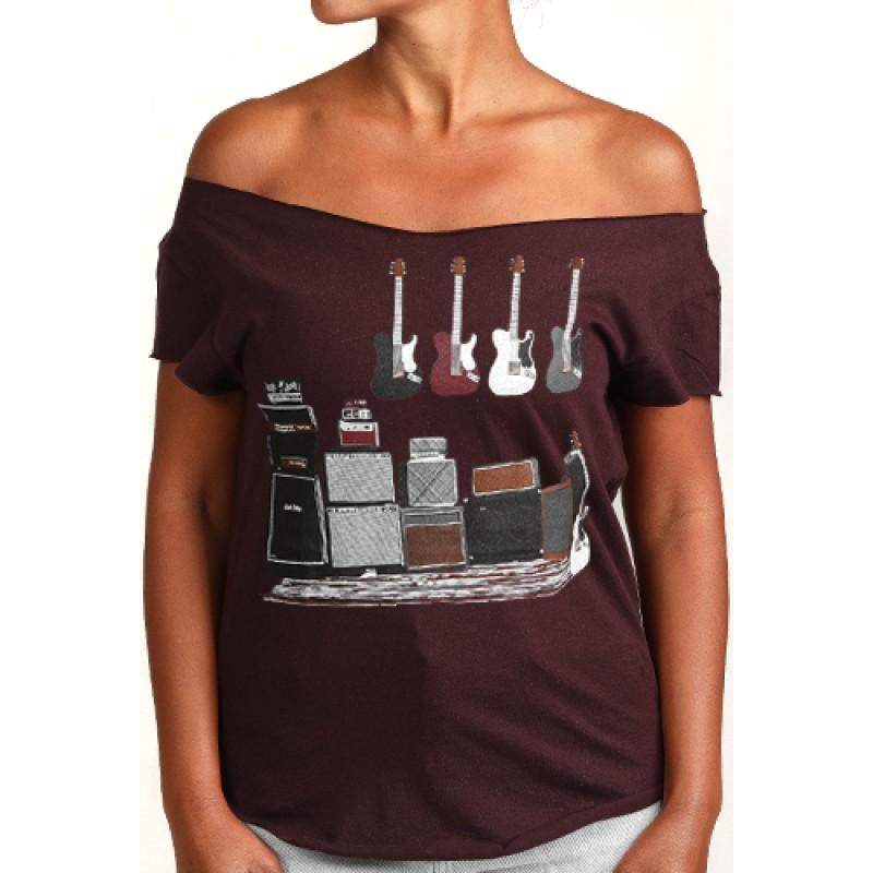 estilo Estilo Clothing™ Amped Up Electric Bass Guitar & Amps Cut Boat Neck T-shirt Oxblood