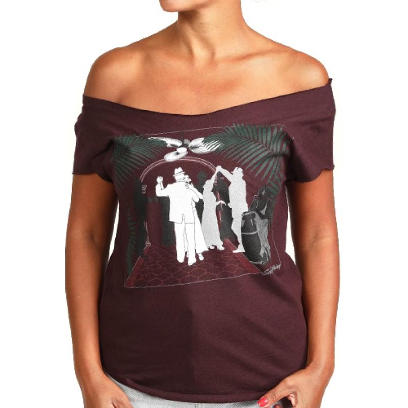 estilo Estilo Clothing™ Art Deco Cuban Cafe Cut Boat Neck T-shirt Oxblood