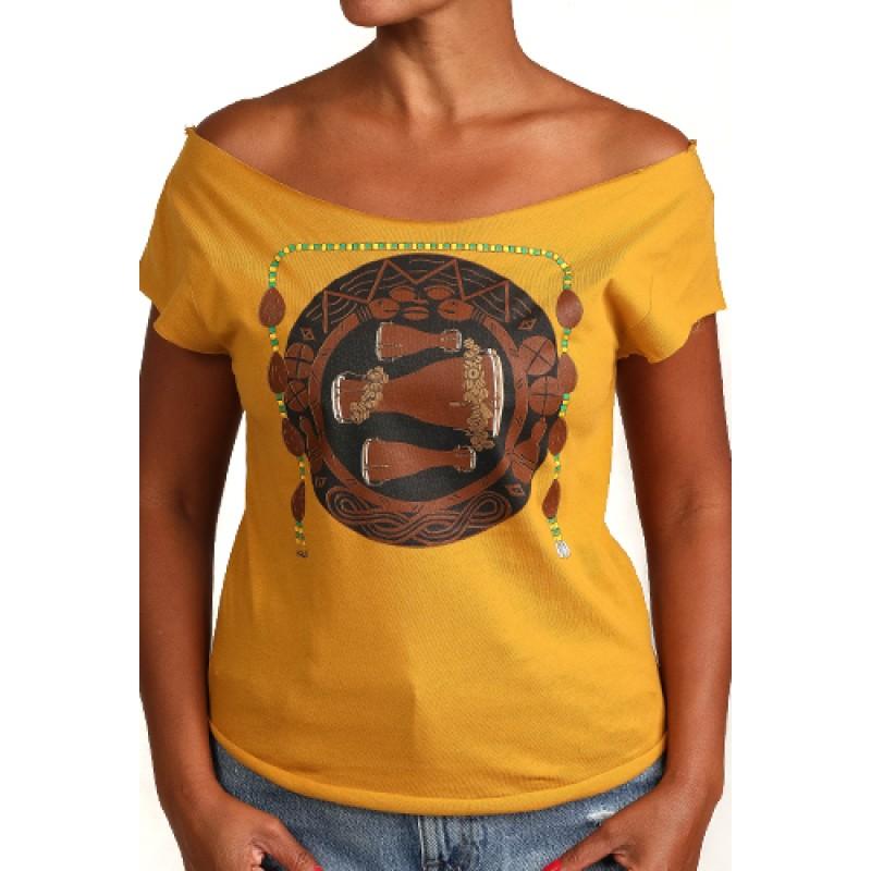 estilo Estilo Clothing™ Bata Drums Afro Cuban Cut Boat Neck T-shirt Antique Gold