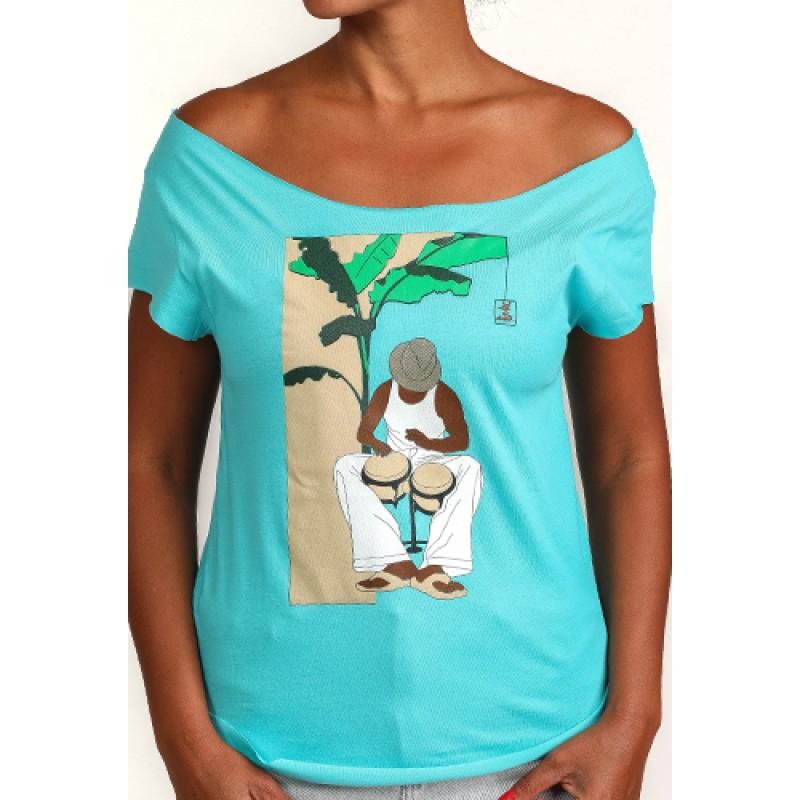 estilo Estilo Clothing™ Bongocero Bongo Player Cut Boat Neck T-shirt Blue