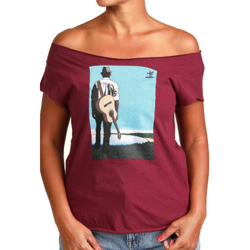 estilo Estilo Clothing™ Buena Vista Acoustic Guitar Player Cut Boat Neck T-shirt Maroon