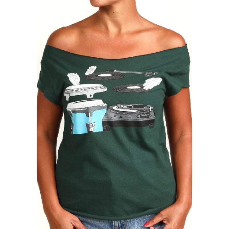 estilo Estilo Clothing™ Cutting & Slapping Conga Turntable Cut Boat Neck T-shirt Forest Green