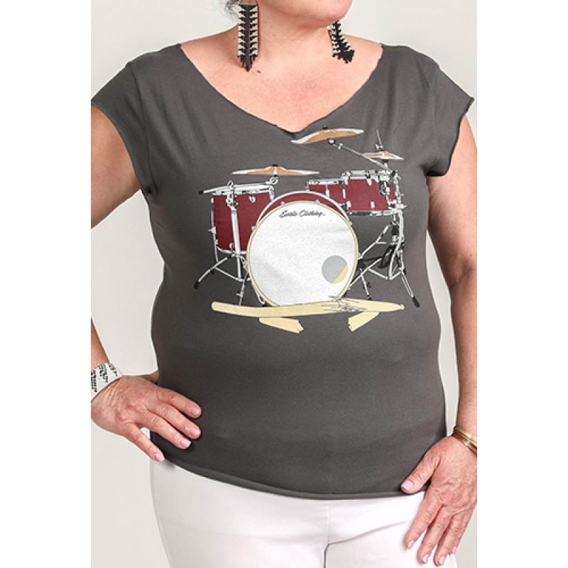 Estilo Estilo Clothing™ Drum Set & Broken Sticks Cut Boat Neck T-shirt Heavy Metal Gray