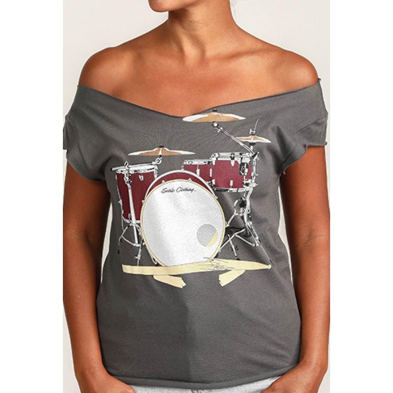 estilo Estilo Clothing™ Drum Set & Broken Sticks Cut Boat Neck T-shirt Heavy Metal Gray