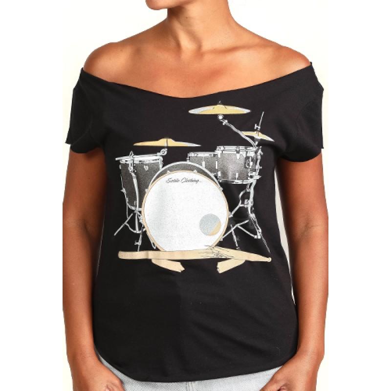 estilo Estilo Clothing™ Drum Set & Broken Sticks Cut Boat Neck T-shirt Black estilo Estilo Clothing™ Drum Set & Broken Sticks Cut Boat Neck T-shirt Black