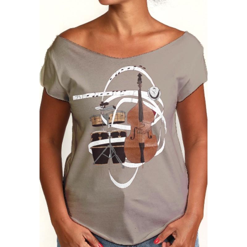 estilo Estilo Clothing™ El Nuevo Tumbao Upright Bass Timbales Congas Cut Boat Neck T-shirt Warm Gray