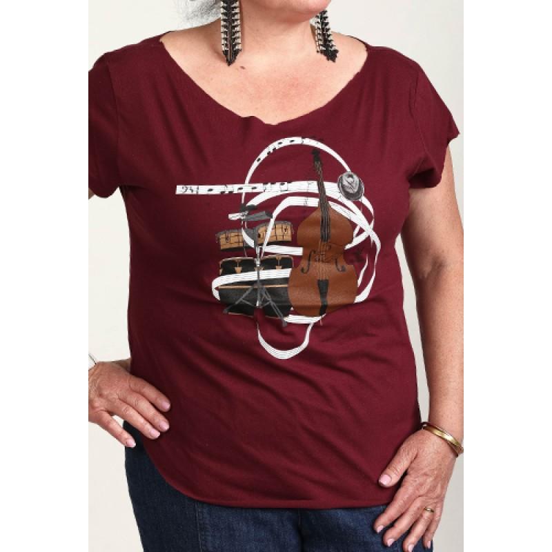 Estilo Estilo Clothing™ El Nuevo Tumbao Upright Bass Timbales Congas Cut Boat Neck T-shirt Maroon
