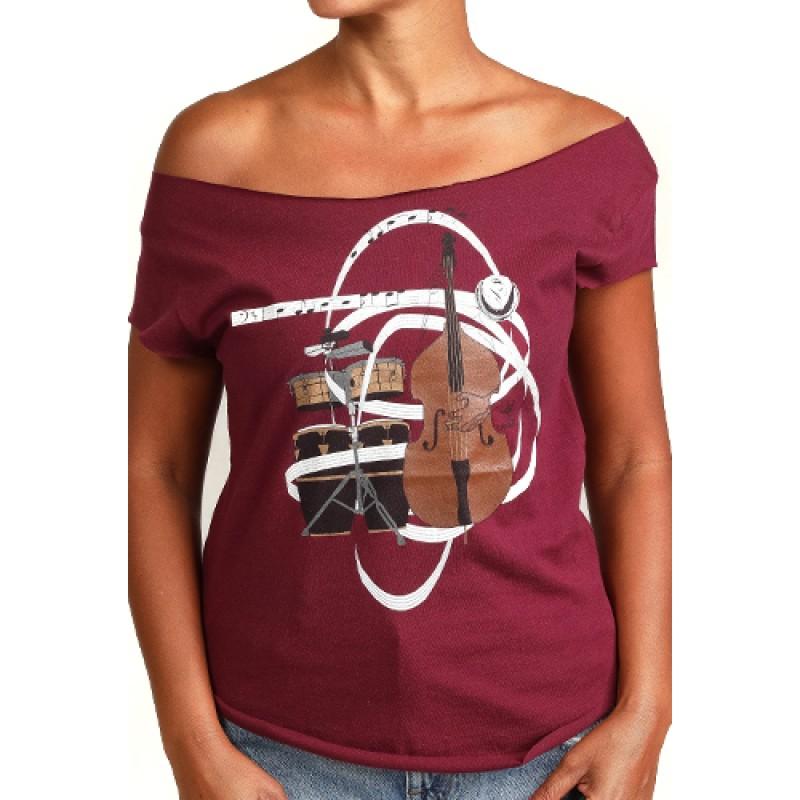 estilo Estilo Clothing™ El Nuevo Tumbao Upright Bass Timbales Congas Cut Boat Neck T-shirt Maroon