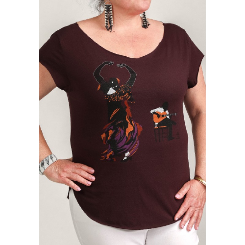 Estilo Estilo Clothing™ Flamenco Dancer & Spanish Guitar Cut Boat Neck T-shirt Oxblood