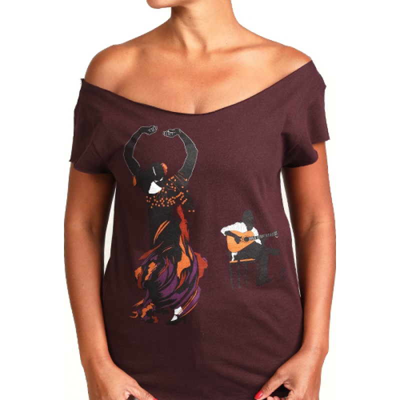 estilo Estilo Clothing™ Flamenco Dancer & Spanish Guitar Cut Boat Neck T-shirt Oxblood