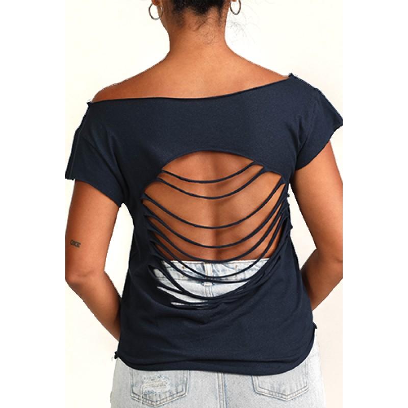 Estilo Estilo Clothing™ Harmonic Blues Harmonica Player Cut Boat Neck T-shirt Midnight Navy
