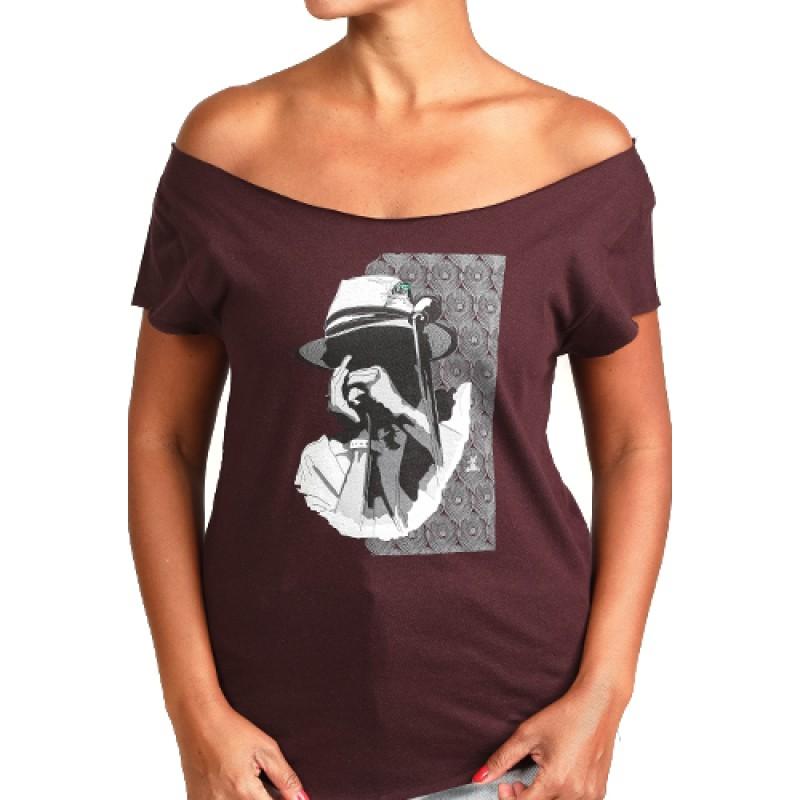 estilo Estilo Clothing™ Harmonic Blues Harmonica Player Cut Boat Neck T-shirt Oxblood