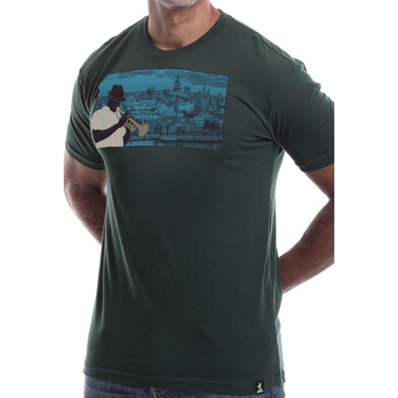 Estilo Estilo Clothing™ Havana Blues Trumpet Player Havana Cuba Skyline T-shirt Forest Green