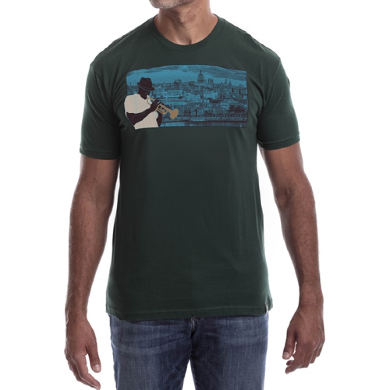 Estilo Estilo Clothing™ Havana Blues Trumpet Player Havana Cuba Skyline T-shirt Forest Green
