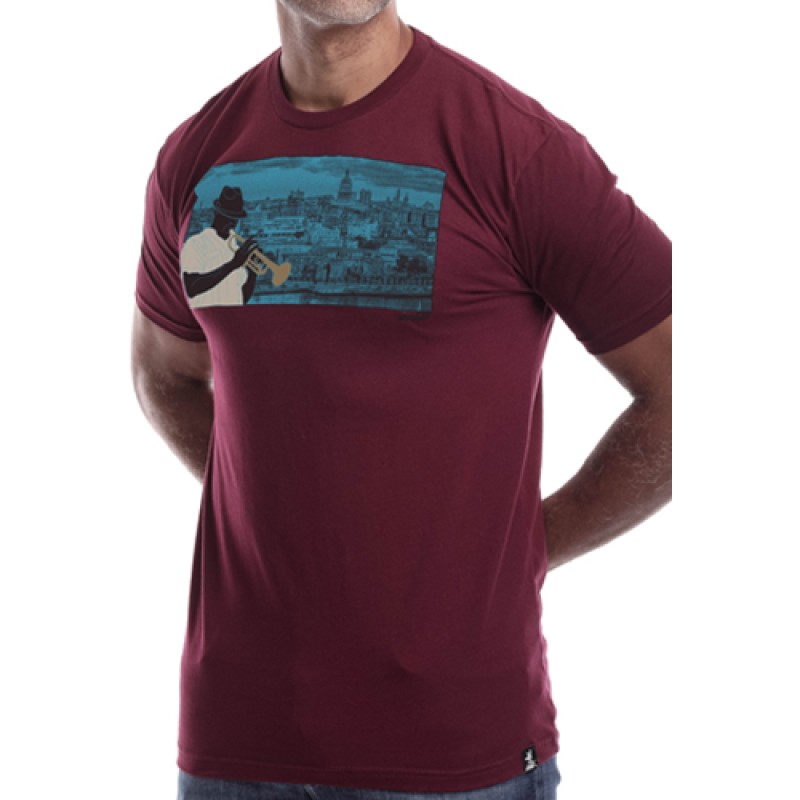 Estilo Estilo Clothing™ Havana Blues Trumpet Player Havana Cuba Skyline T-shirt Maroon