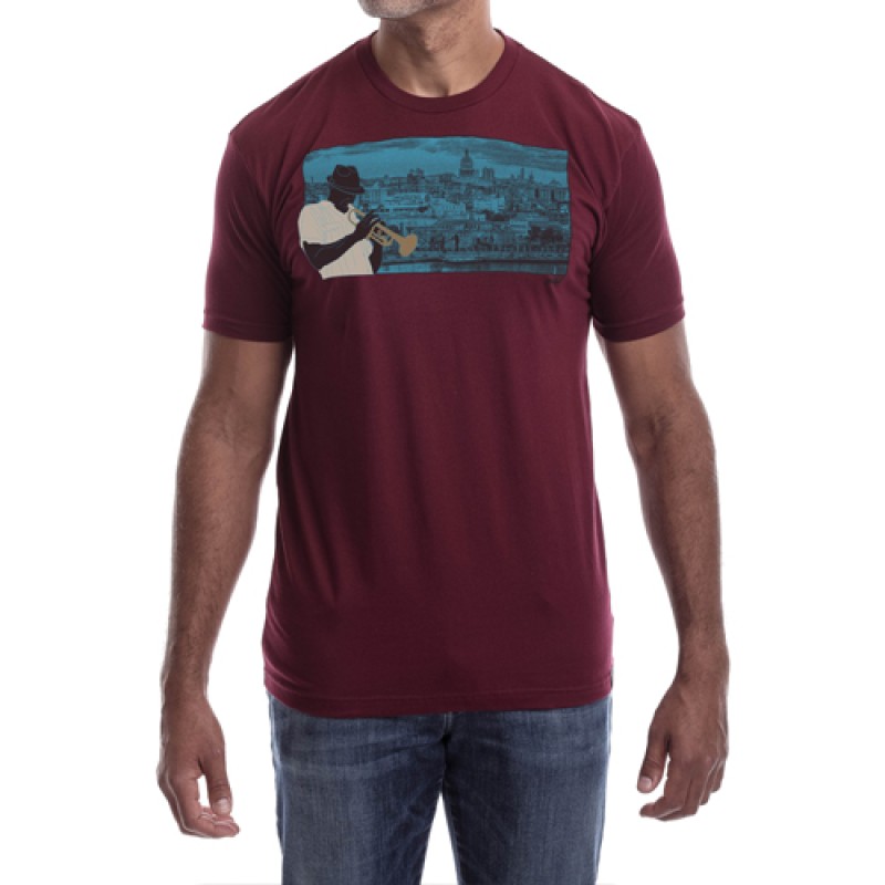 Estilo Estilo Clothing™ Havana Blues Trumpet Player Havana Cuba Skyline T-shirt Maroon