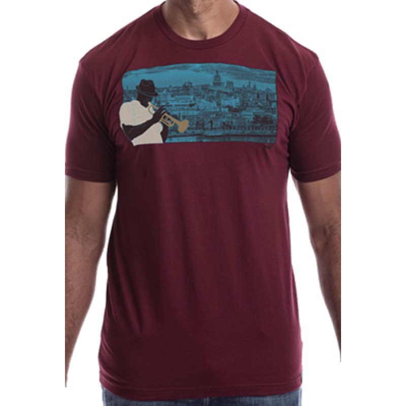 estilo Estilo Clothing™ Havana Blues Trumpet Player Havana Cuba Skyline T-shirt Maroon