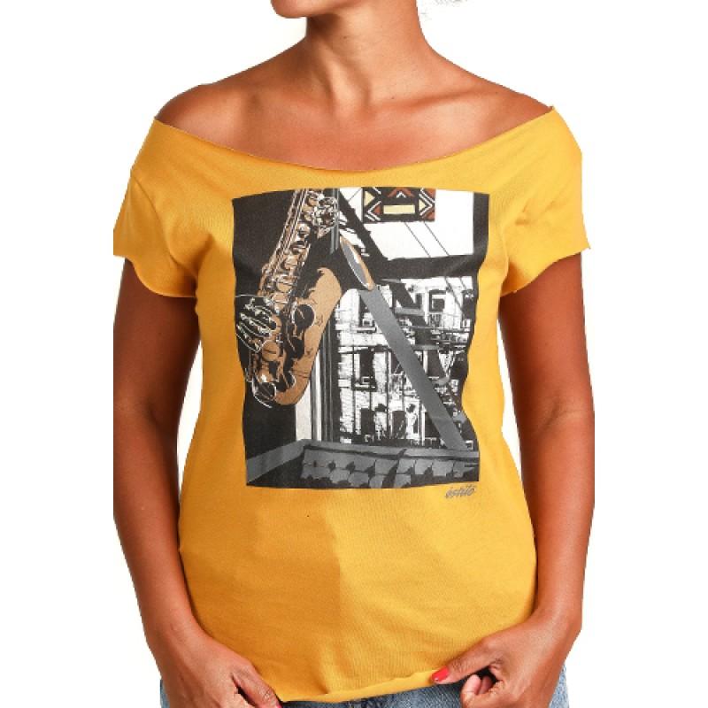 estilo Estilo Clothing™ Inner City Saxophone Cut Boat Neck T-shirt Antique Gold