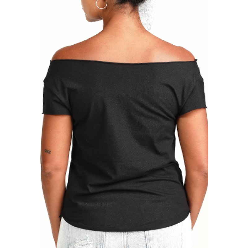 Estilo Estilo Clothing™ Jacked On Fresh Headphones Cut Boat Neck T-shirt Black