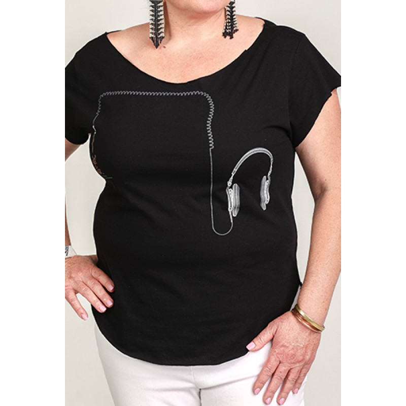 Estilo Estilo Clothing™ Jacked On Fresh Headphones Cut Boat Neck T-shirt Black