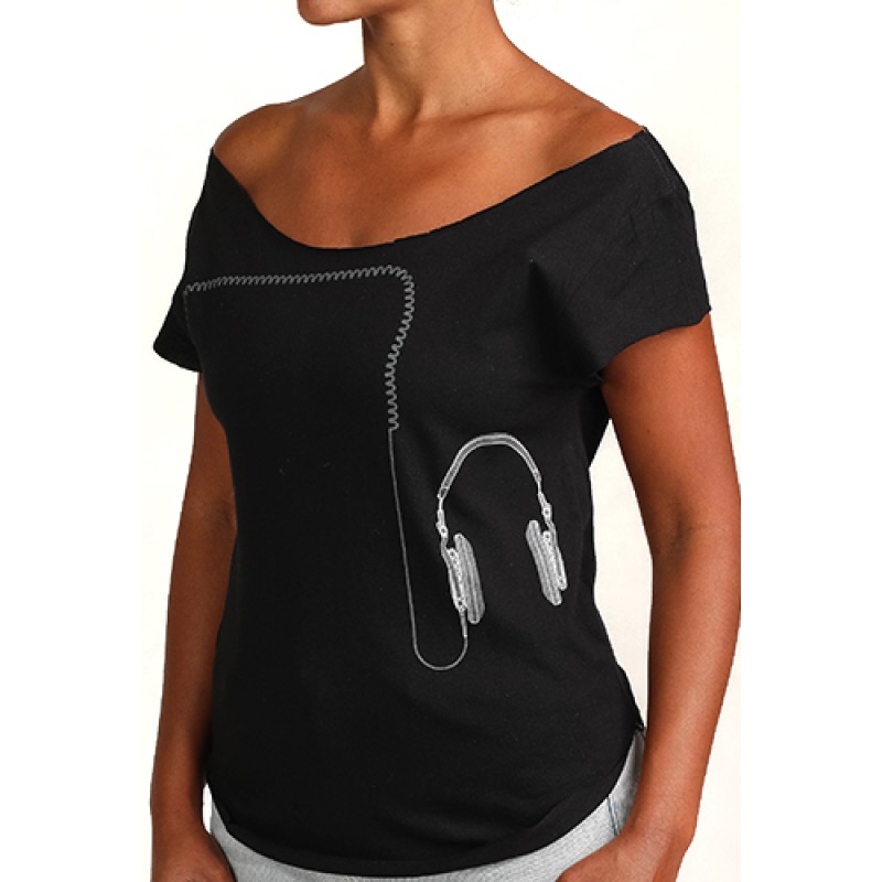estilo Estilo Clothing™ Jacked on Fresh Headphones Cut Boat Neck T-shirt Black