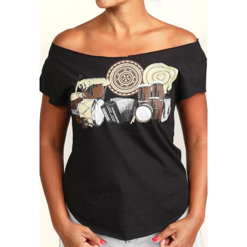 estilo Estilo Clothing™ La Cumbia de Colombia y Panama Cut Boat Neck T-shirt Black