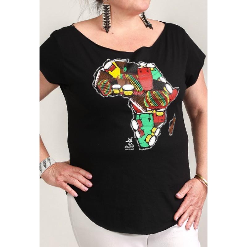 Estilo Estilo Clothing™ One Drum Africa/Drum Cut Boat Neck T-shirt Black