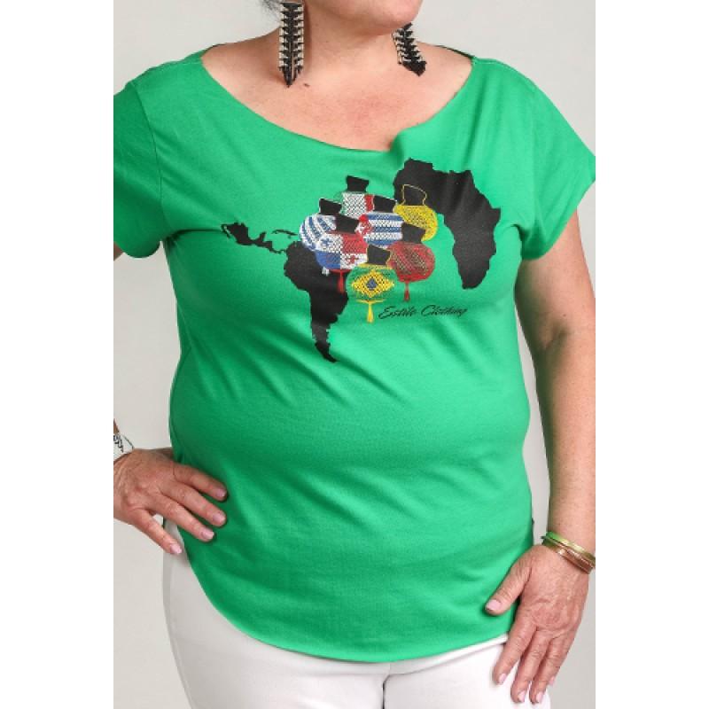 Estilo Estilo Clothing™ Ritmo African & Latin Diaspora Shekere Cut Boat Neck T-shirt Kelly Green