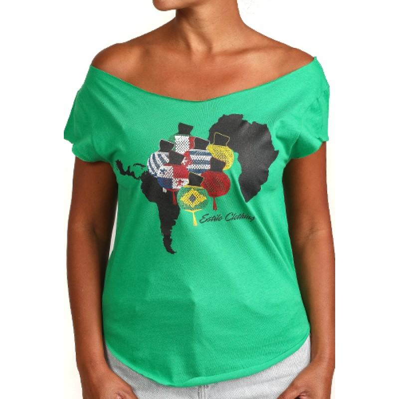 estilo Estilo Clothing™ Ritmo African & Latin Diaspora Shekere Cut Boat Neck T-shirt Kelly Green