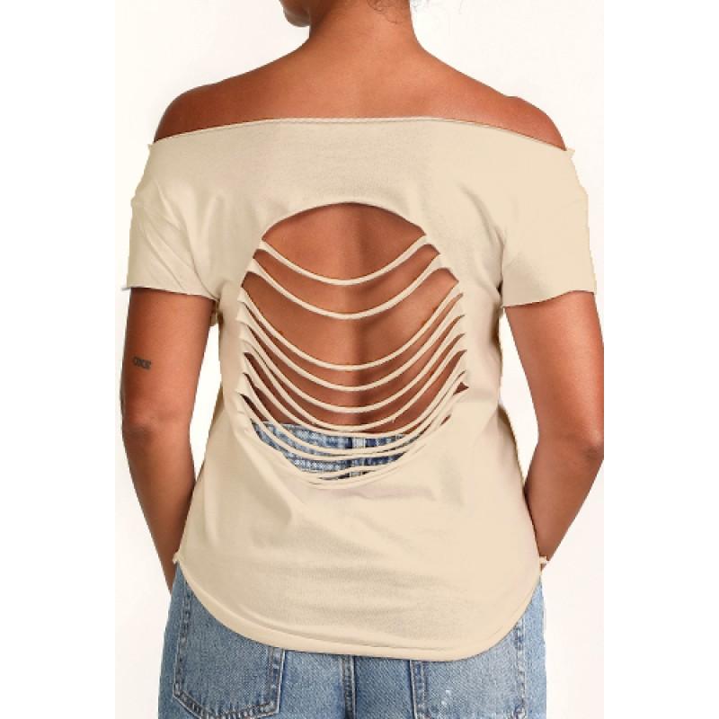 Estilo Estilo Clothing™ Sessions Home Music Studio Cut Boat Neck T-shirt Cream