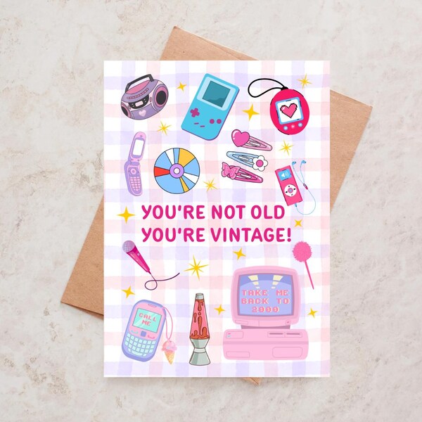 etsy 90s Birthday Card 2000s Birthday Card For Her Best friend Sister Pink Card Retro Toy Birthday Card Y2K Vibes You're Not Old You're Vintage