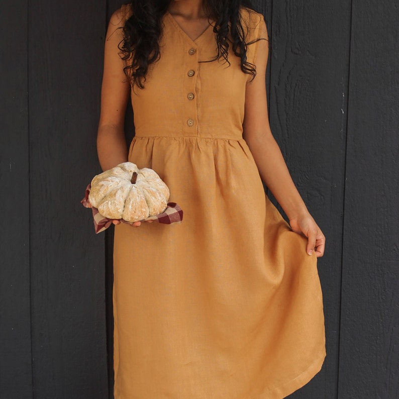 Etsy Amber Yellow Sleeveless Linen Dress SONOMA /Midi Dress With Tie-back Detail /Bridesmaids Linen / Linen Wedding Dress /Fall Linen Dress